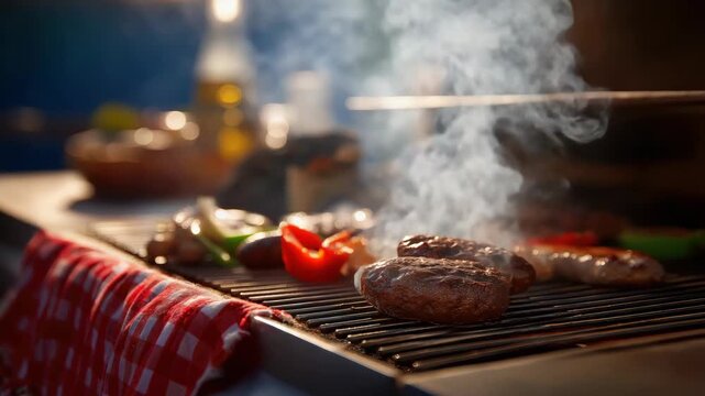 Juicy burgers sizzling on grill as smoke and steam rise visibly