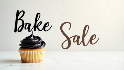 Minimalist Bake Sale Sign with Bold Lettering and Black Frosted Cupcake