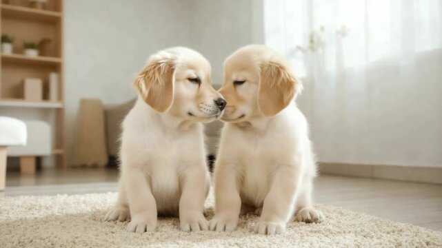 Adorable golden retriever puppies playfully bonding in a cozy living room