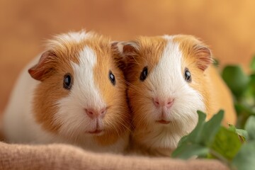 Fresh lettuce on a soft blanket is being enjoyed by two guinea pigs