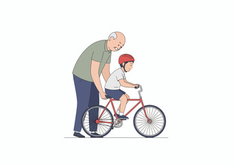 Naklejka premium Grandfather teaching grandson to ride bike, family bonding moment, learning new skill, happy childhood memory