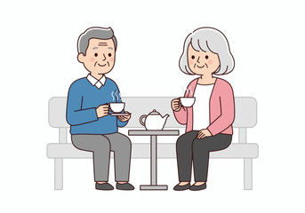 Obraz premium Lovely senior couple enjoying tea time together on park bench, creating precious moments and memories