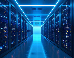 Digital Domain: A modern data center hallway bathed in cool blue light, highlighting rows of server racks and the cutting-edge technology that powers the digital world.