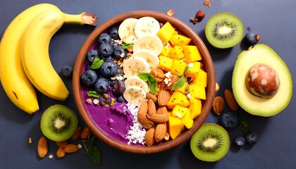 Colorful fruit bowl with yogurt