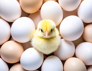 A Determined Chick Surrounded by Eggs