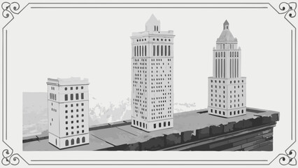 Fototapeta premium Three VintageStyle Skyscraper Illustrations on a Brick Ledge.