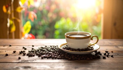 Aromatic coffee cup on a wooden table with coffee beans.