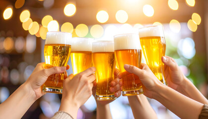 Cheers!  Five hands raise golden beer pints in celebratory toast, warm lighting, festive bokeh background.