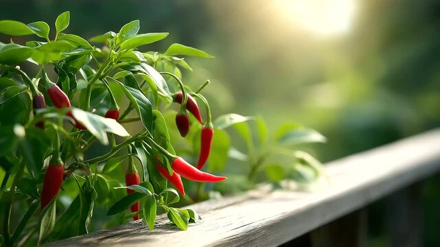 Hand holding fresh chili peppers on a balcony in soft sunlight