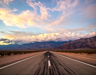 Desert runway at sunset