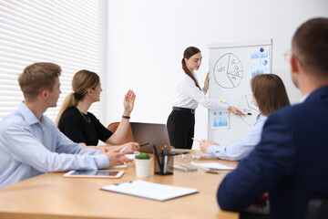 Business coach giving presentation to group of people in office