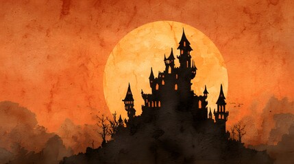 Silhouette Halloween castle watercolor with orange glowing moon behind