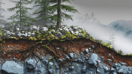 3d render illustration of cross section of ground with grass isolated on white. Podium with underground layers of Soil, earth, rock. Environment or Land Surveying banner cooncept