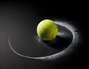 tennis ball on black background. concept photo of chalk dust from hitting the line, tennis ball on black background