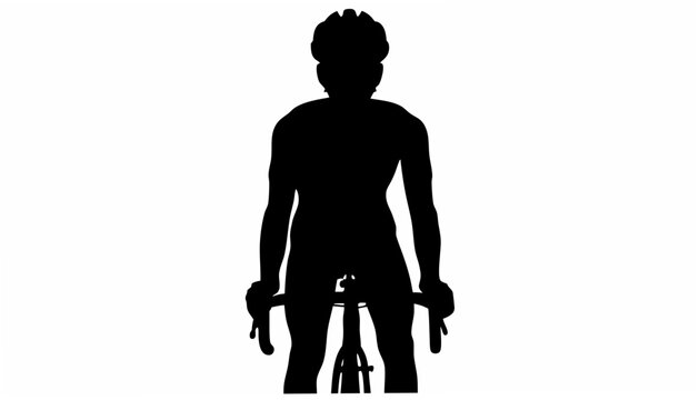 Silhouette of cyclist with helmet riding a bicycle facing forward on a white background in black and white