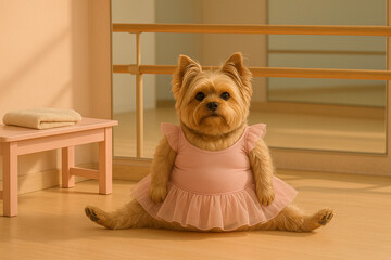 &Uuml;bergewichtiger Yorkshire Terrier im rosa Ballettkleid macht Spagat im Studio