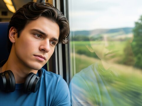 Peaceful man sits by moving train window wearing headphones, gazing at rural landscape while drifting into thoughtful daydreams during long journey