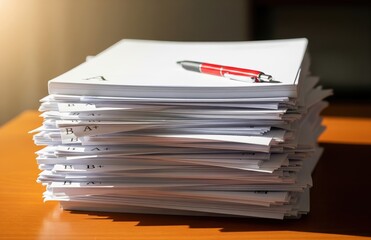 Professional teacher desk with neat stack of graded papers and red pen lit by soft sunlight reflecting organized academic discipline and preparation