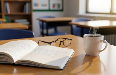 Fototapeta premium Organized teacher desk with coffee notebook and glasses arranged neatly under sunlight showcasing professional thoughtful preparation and calm educational environment