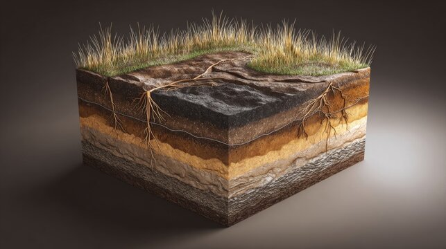 3d render illustration of cross section of ground with grass isolated on white. Podium with underground layers of Soil, earth, rock. Environment or Land Surveying banner cooncept