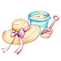 Enjoying sunny days at the beach with a straw hat, sand bucket, and shovel creating the perfect atmosphere for summer fun and relaxation by the shore with friends and family