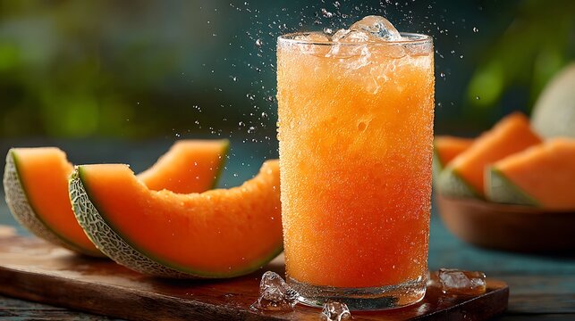 Refreshing commercial-style photo of a tall, cold glass of iced cantaloupe juice with condensation, beside fresh melon slices on a wood table.