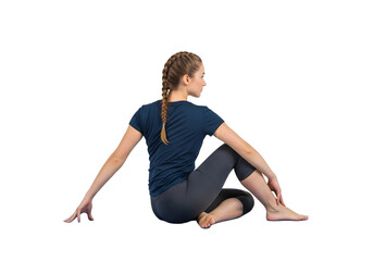 Woman doing seated spinal twist yoga pose indoors on transparent background