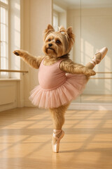 &Uuml;bergewichtiger Yorkshire Terrier tanzt Ballett im rosa Tutu und Spitzenschuhen