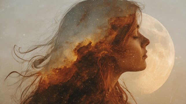 A woman with a cosmic galaxy inside her head symbolizing imagination and dreams dreamy artistic portrait