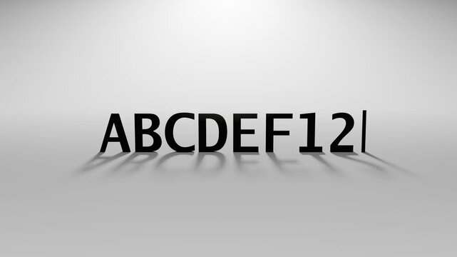 3D Rendered abcdef12 Text Animation with Typing Effect and Blinking Cursor Minimal Motion on Off White Background