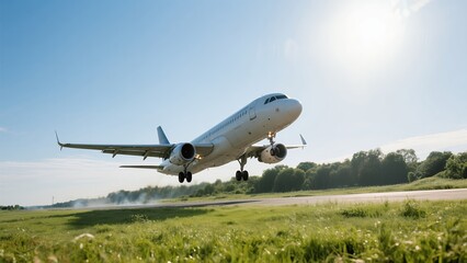 White Commercial Airplane Taking Off From Green Runway on Sunny Day