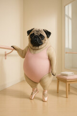 &Uuml;bergewichtiger Mops trainiert Ballett an der Stange im rosa Anzug