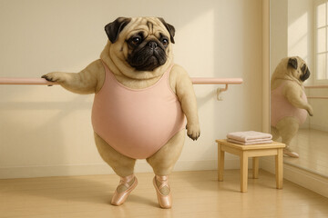 &Uuml;bergewichtiger Mops trainiert Ballett an der Stange im rosa Anzug