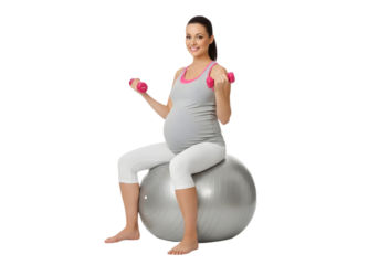 Pregnant woman exercising with dumbbells on ball on transparent background