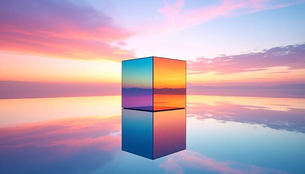 A surreal Rubik&rsquo;s Cube floats on mirror-like water under a radiant sunset&mdash;blending geometric precision with natural beauty, evoking reflection, mystery, and tranquil symmetry.