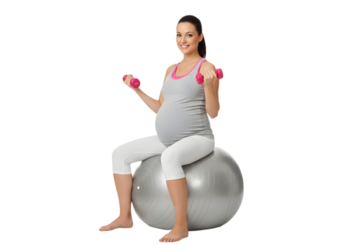Pregnant woman exercising with dumbbells on ball on transparent background - Powered by Adobe