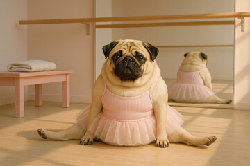 &Uuml;bergewichtiger Mops im rosa Tutu sitzt im Spagat im Ballettstudio