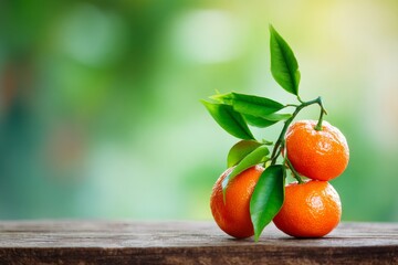 Fresh tangerines lie on wood, with the lush greenery of an orchard visible in the background