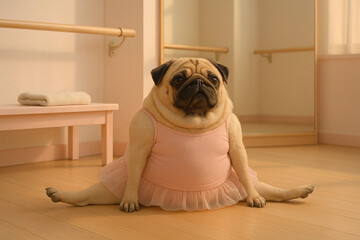 &Uuml;bergewichtiger Mops im rosa Tutu sitzt im Spagat im Ballettstudio