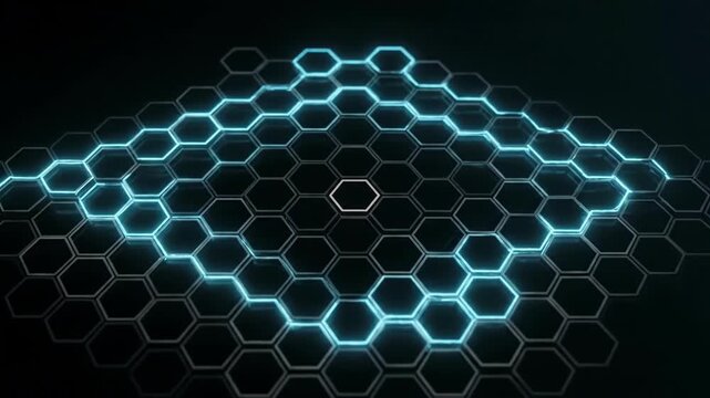 Dynamic hexagonal grid formation with neon glowing elements and smooth motion