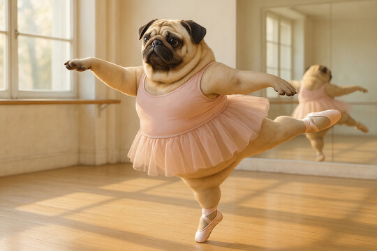 &Uuml;bergewichtiger Mops tanzt Ballett auf einem Bein im rosa Tutu