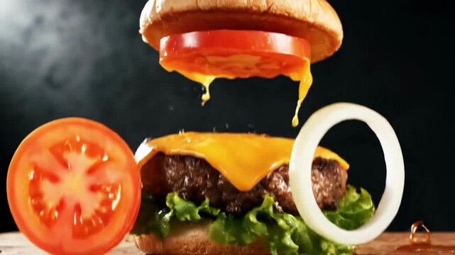 Sizzling hamburger assembly: juicy patented layers with fresh ingredients in high definition