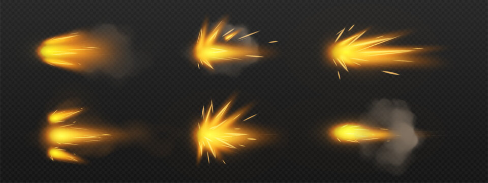 Orange fire effects from gun blast with glowing sparks and smoke trails for action scenes. Muzzle flash explosions shoot sideways with bright projectile streaks. Combat visual elements for games