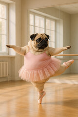 &Uuml;bergewichtiger Mops tanzt Ballett auf einem Bein im rosa Tutu