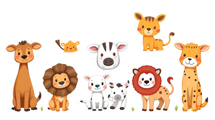 Set of diferent cartoon Eurasian animals. Cute handdrawn kids clip art collection. Vector illustration