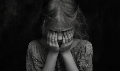 Concept of depression, featuring a young girl hiding her face with her hands, symbolizing emotional pain, sadness, and isolation, Generative AI