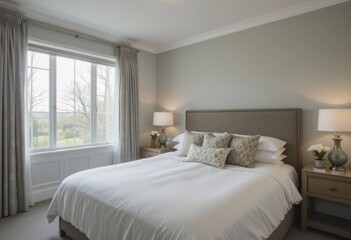 Dormitorio sereno con paredes gris claro, cama tamaño grande, sábanas blancas, cojines decorativos, ventana grande, cortinas transparentes e iluminación suave