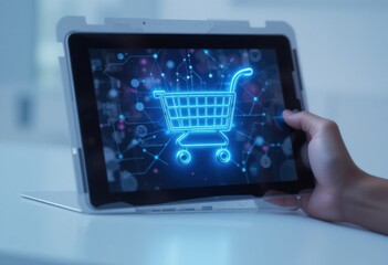 Una tableta digital con un icono holográfico de carrito de compras brilla en el aire. Simboliza el comercio electrónico, la venta minorista en línea y el mercado digital moderno