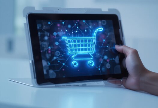 Una tableta digital con un icono hologr&aacute;fico de carrito de compras brilla en el aire. Simboliza el comercio electr&oacute;nico, la venta minorista en l&iacute;nea y el mercado digital moderno