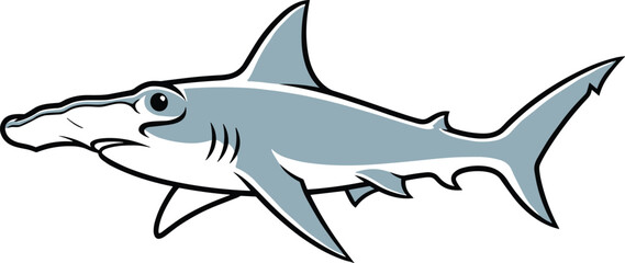 Cartoon hammerhead shark with gray body and white accents, smiling mascot vector for marine life, ocean education, games, and merchandise designs